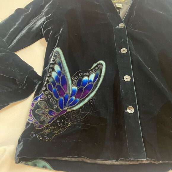 Chico’s Anniversary Collection Butterfly Silk Spruce Green Velvet Jacket Size 1 - Picture 7 of 11